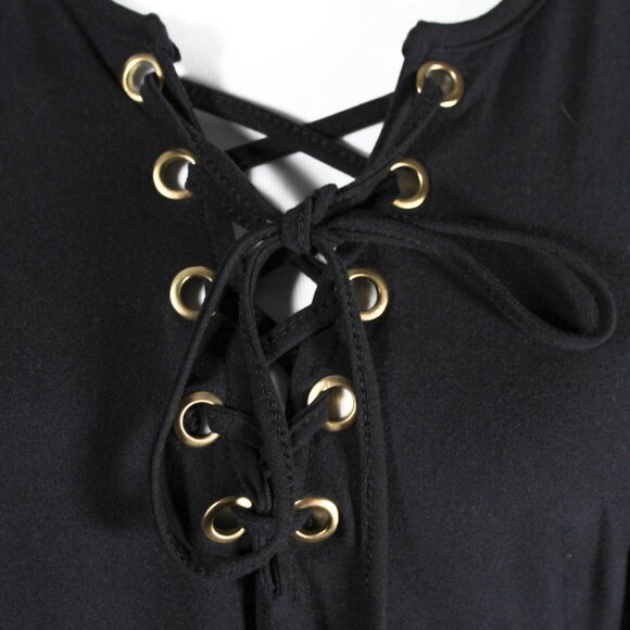 NWT Goth Witchy Plus Size 2X Black Bell Sleeve Corset Stitch Up Neckline Dress - Picture 7 of 12